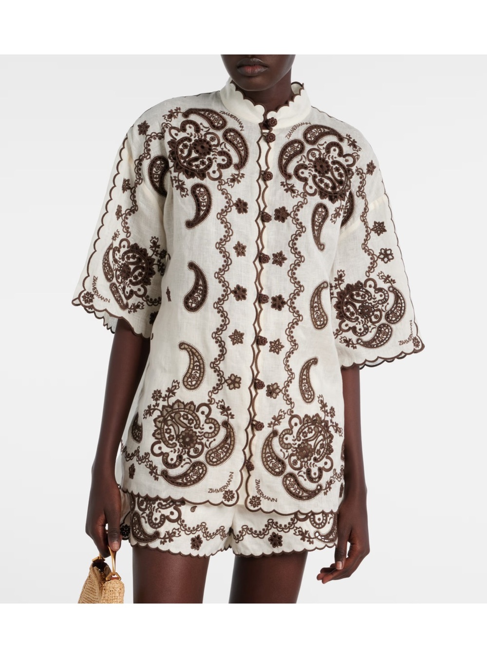 Zimmermann Cream Tunic with Brown Paisley Embroidery